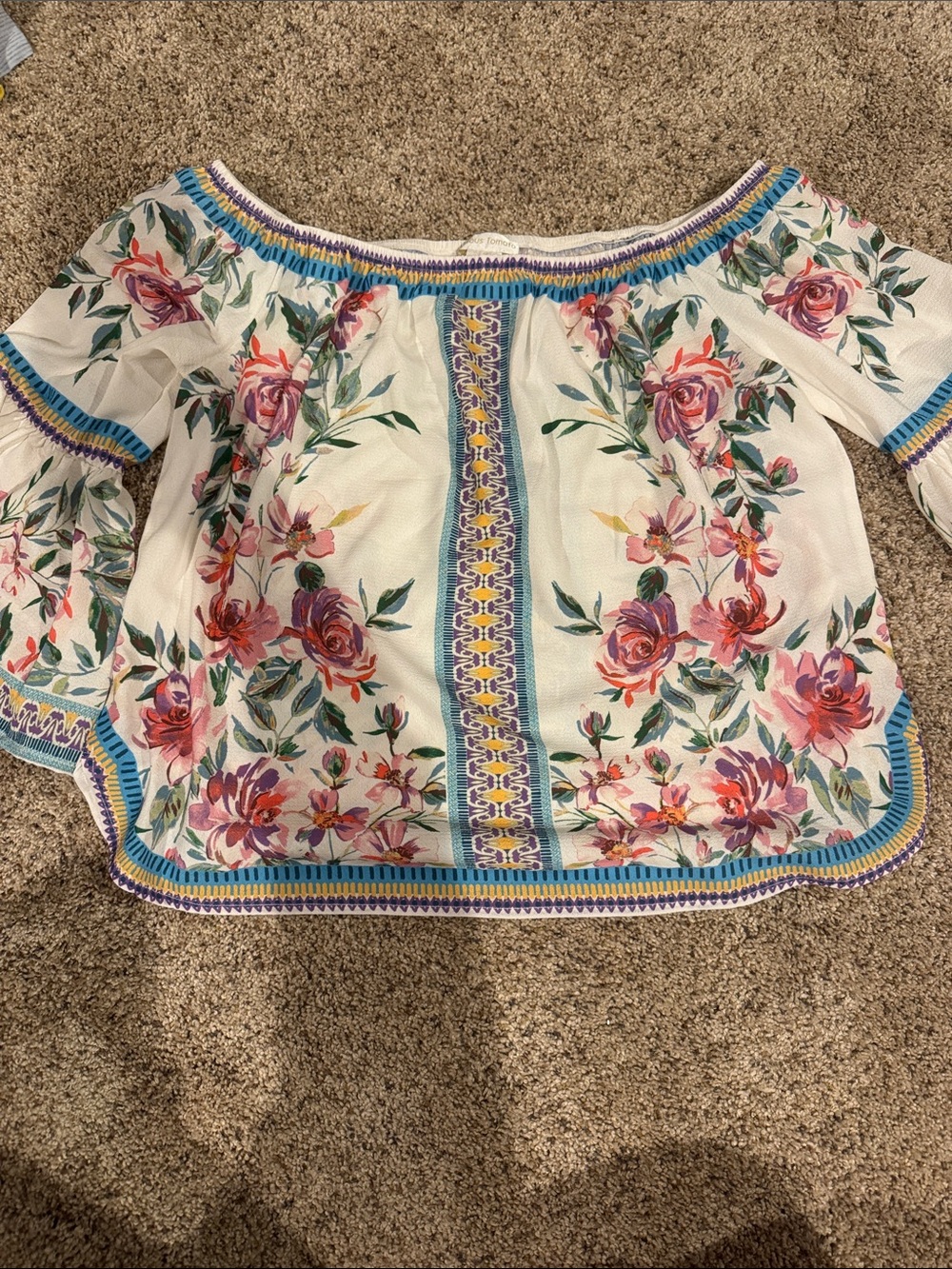 Jealous Tomato White Floral Off-Shoulder Tunic with Pink & Green Accents